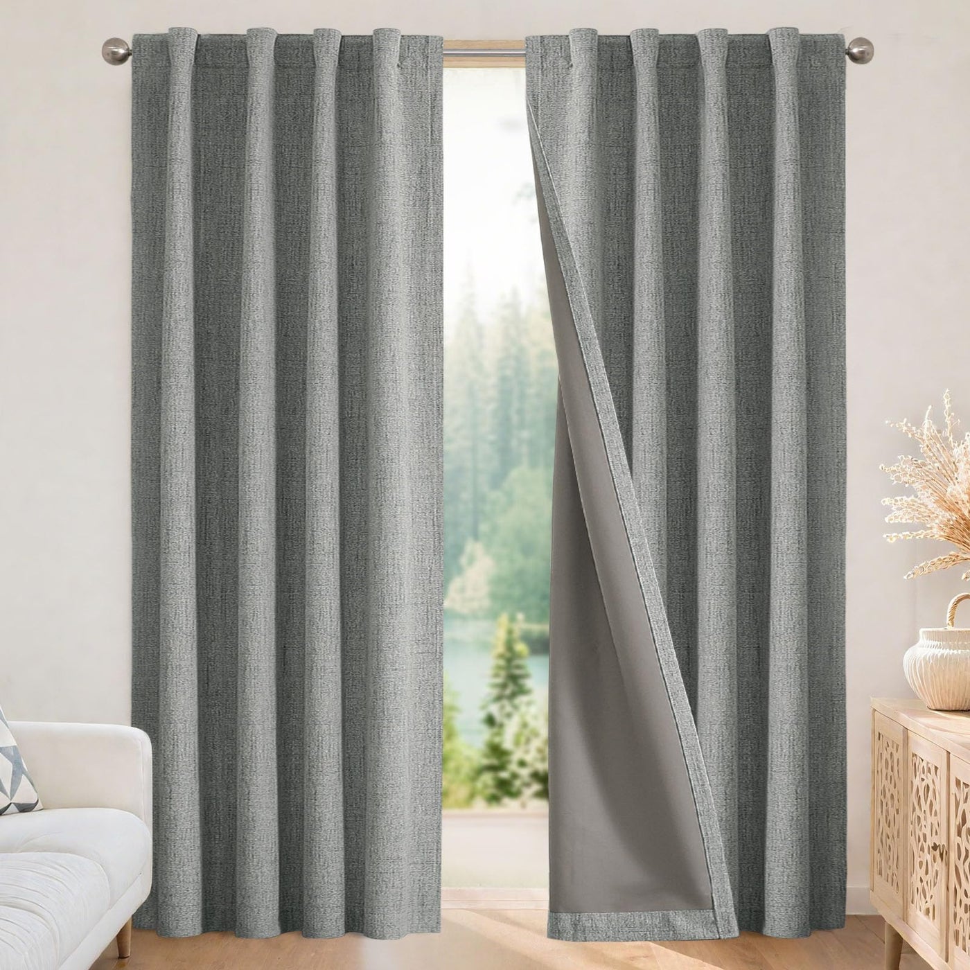 Joydeco Blackout Curtains for Bedroom - 100% Light Blocking 2 Panels Light Grey Drapes 66""W x 108""L, Thermal Insulated Room Darkening Curtains, Linen Textured for Living Room, Rod Pocket & Back Tabs